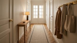 Neutral hallway design featuring a wooden console table, brass coat rack, and a long runner rug on hardwood floors.