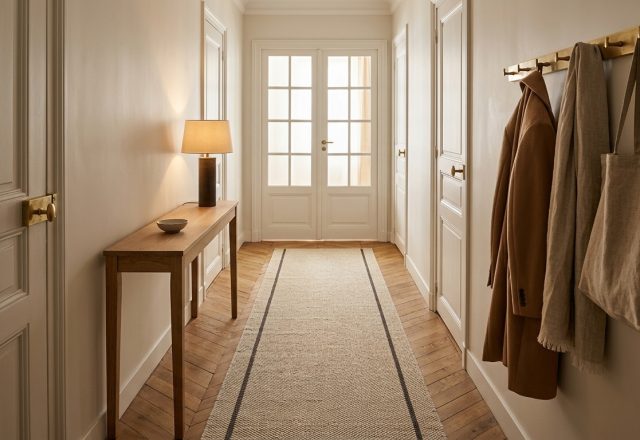 Neutral hallway design featuring a wooden console table, brass coat rack, and a long runner rug on hardwood floors.