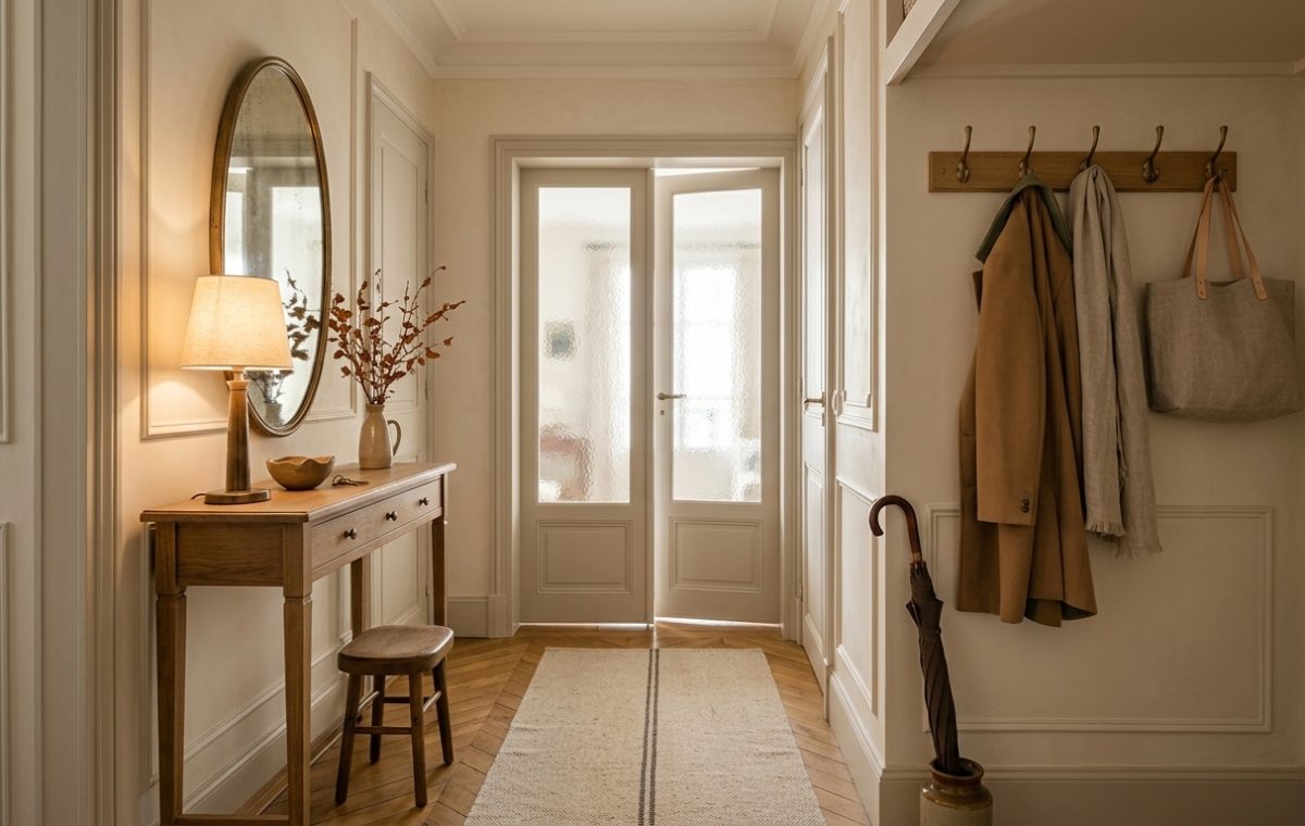 A warm neutral hallway design featuring a slim console table, wooden peg rail, and layered lighting.