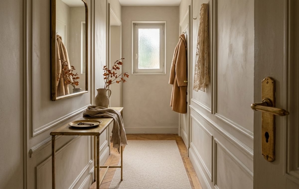 A warm neutral hallway design featuring classical wall moldings, a slim console table, and brass hardware.
