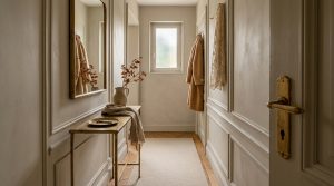 A warm neutral hallway design featuring classical wall moldings, a slim console table, and brass hardware.