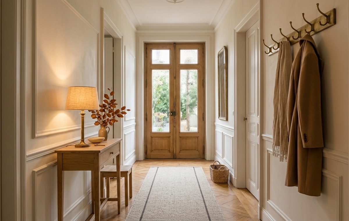 A chic neutral hallway design featuring warm beige walls, wainscoting, a wooden console table, and a chic rug in English US/UK style.