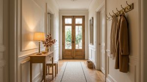 A chic neutral hallway design featuring warm beige walls, wainscoting, a wooden console table, and a chic rug in English US/UK style.