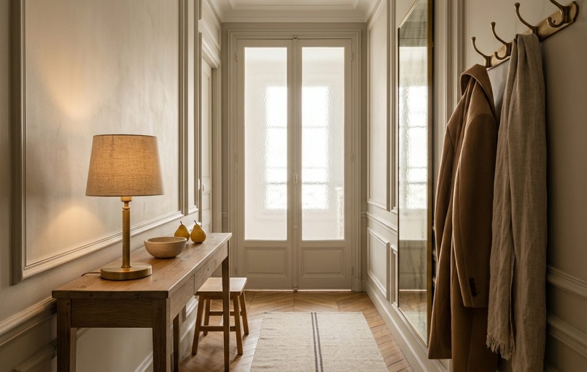 A chic neutral hallway design featuring a slim wooden console table, brass wall hooks, and classic wainscoting panels in warm beige tones.