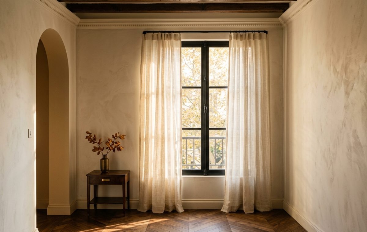 Neutral living room curtains hanging on a black iron rod next to plaster walls and a wooden side table