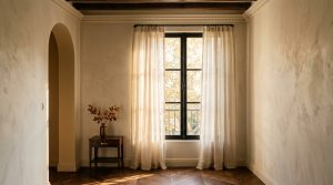 Neutral living room curtains hanging on a black iron rod next to plaster walls and a wooden side table