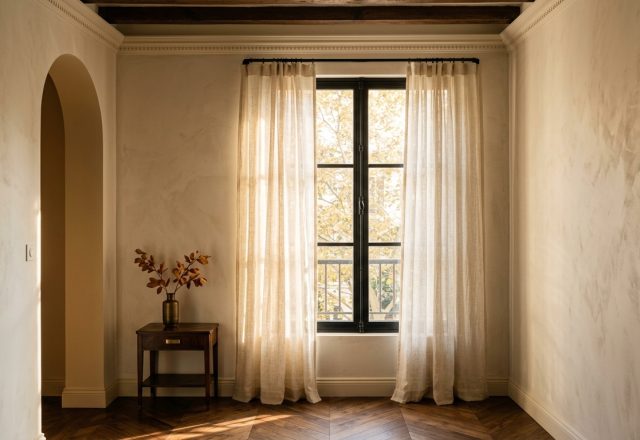 Neutral living room curtains hanging on a black iron rod next to plaster walls and a wooden side table
