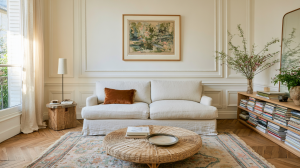 A bright neutral living room design featuring a linen sofa, round rattan coffee table, and herringbone wood floors.