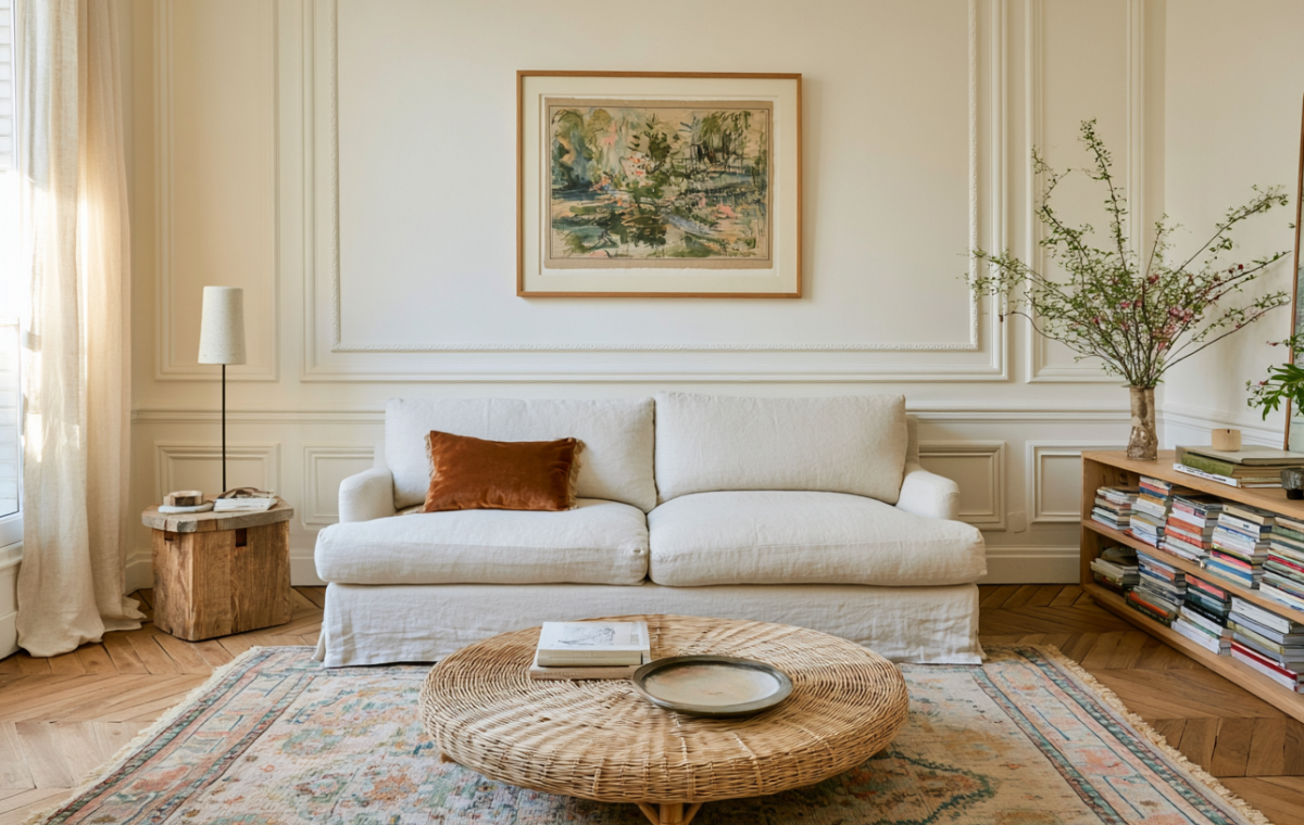 A bright neutral living room featuring a white linen sofa, round wicker coffee table, and warm wooden accents.