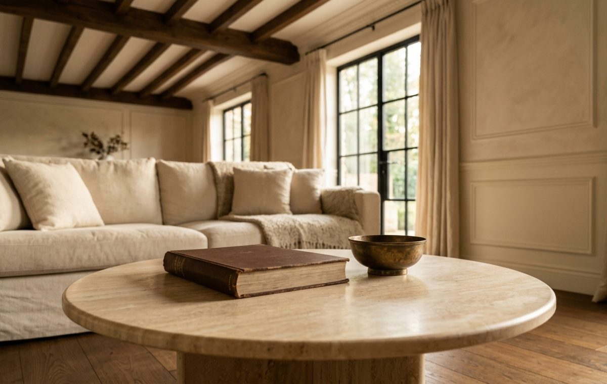 Neutral living room featuring a travertine coffee table, exposed wood ceiling beams, and a cream sectional sofa.