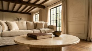 Neutral living room featuring a travertine coffee table, exposed wood ceiling beams, and a cream sectional sofa.
