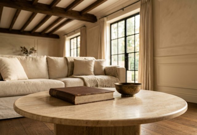 Neutral living room featuring a travertine coffee table, exposed wood ceiling beams, and a cream sectional sofa.