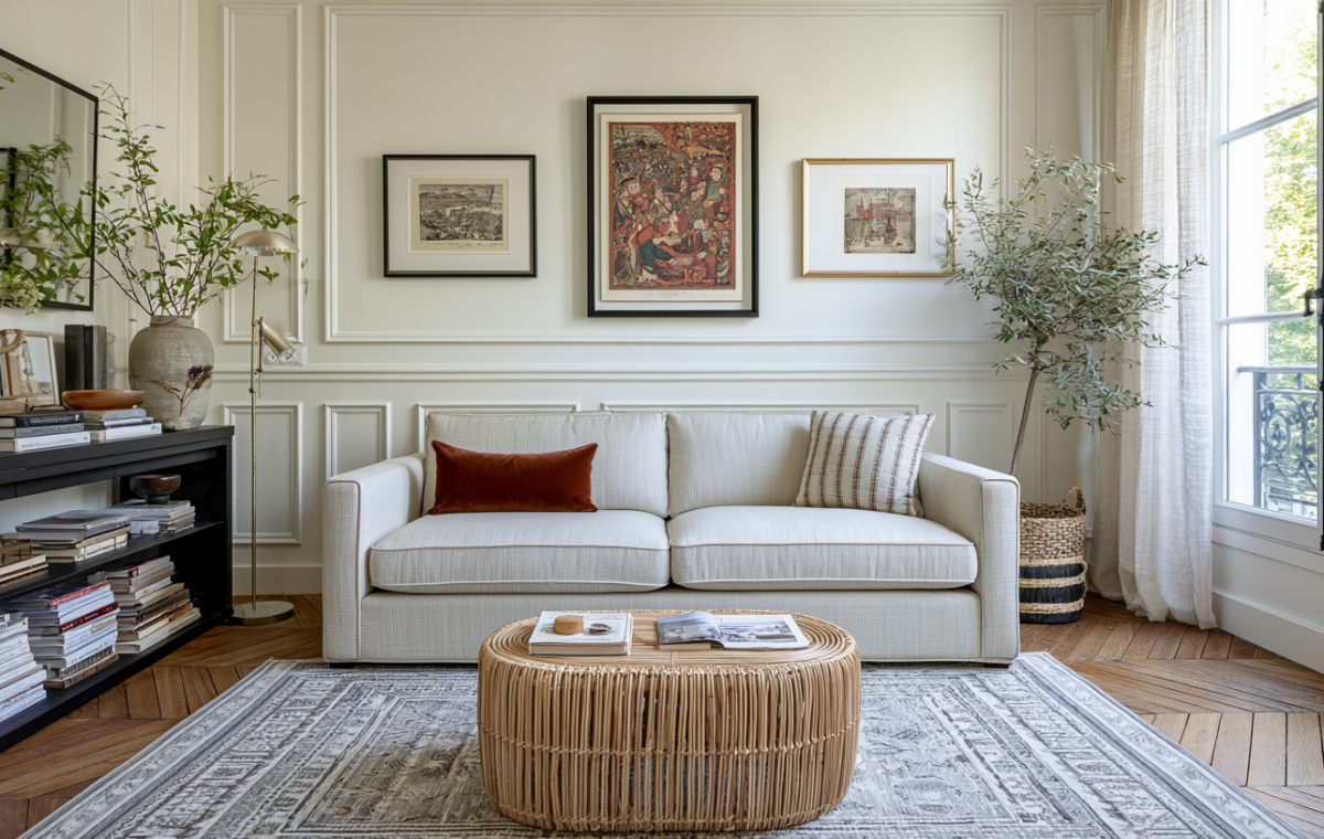 A warm neutral living room design featuring a cream sofa, wicker coffee table, and herringbone wood floors.