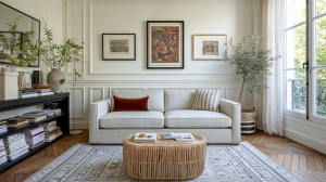 Neutral living room with cream sofa, rattan coffee table, and herringbone wood floors