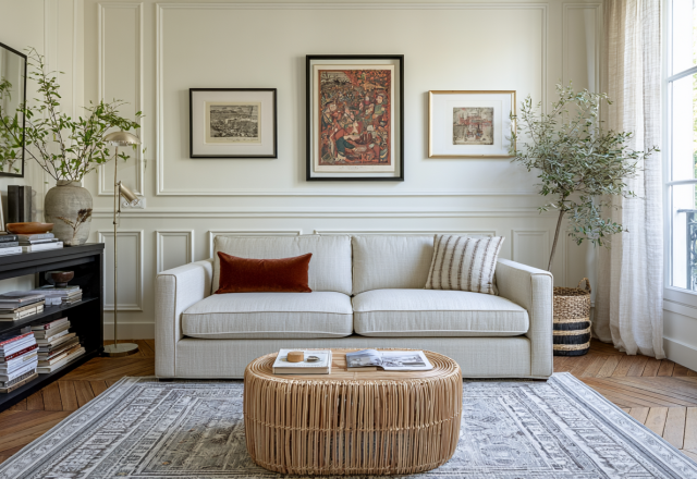 Neutral living room with cream sofa, rattan coffee table, and herringbone wood floors