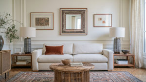 Bright neutral living room design featuring a cream sofa, rattan coffee table, and symmetrical wall art.