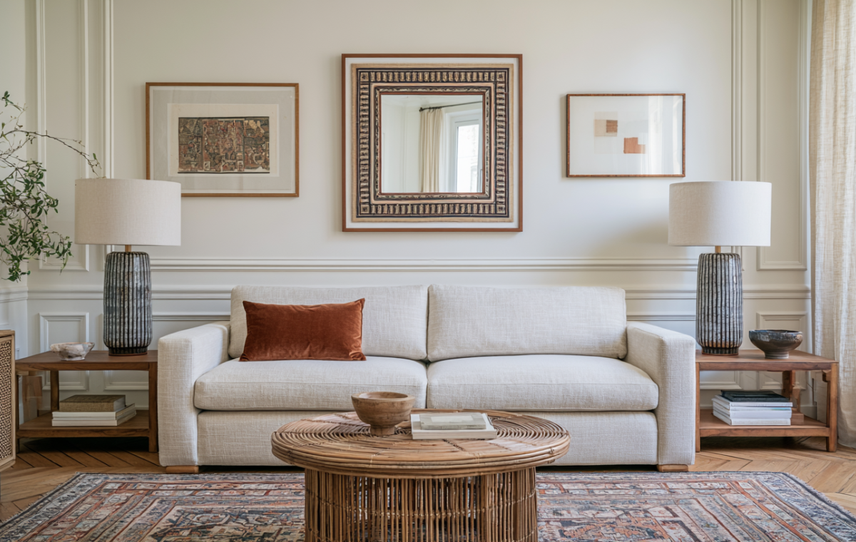 Bright neutral living room design featuring an off-white sofa, round rattan coffee table, and symmetrical wall art.