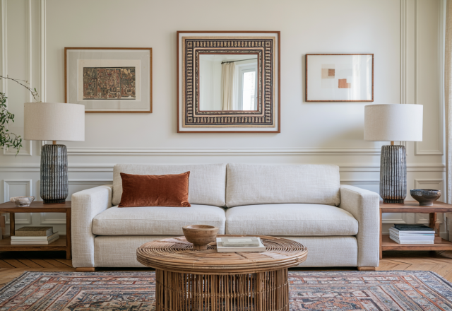 Bright neutral living room design featuring an off-white sofa, round rattan coffee table, and symmetrical wall art.