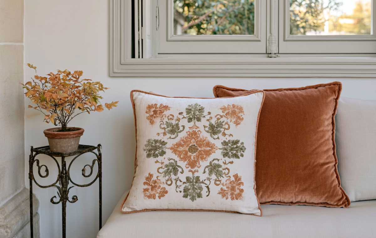 Neutral living room pillows featuring a patterned square cushion and a solid rust velvet throw pillow on a white sofa.
