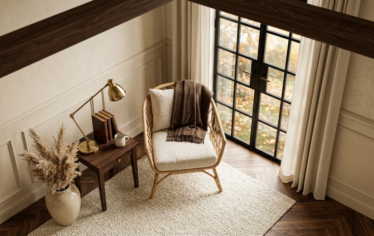 Neutral living room styling featuring a cozy armchair, brass lamp, and textured rug near French doors.