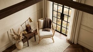 Neutral living room styling featuring a cozy armchair, brass lamp, and textured rug near French doors.