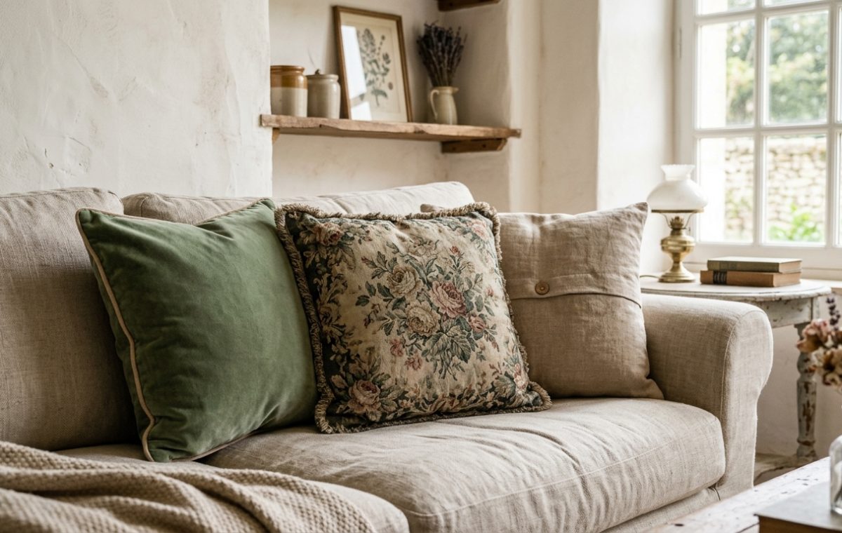 Cozy neutral living room styling featuring a linen sofa and textured throw pillows.