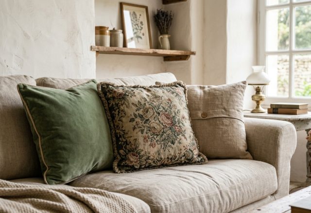 Cozy neutral living room styling featuring a linen sofa and textured throw pillows.