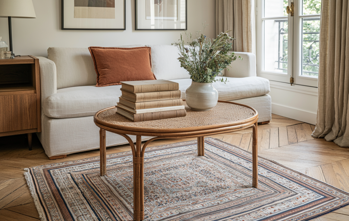 Neutral living room styling featuring a rattan coffee table, herringbone wood floor, and earthy rust accents