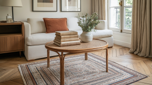 Neutral living room styling featuring a rattan coffee table, herringbone wood floor, and earthy rust accents
