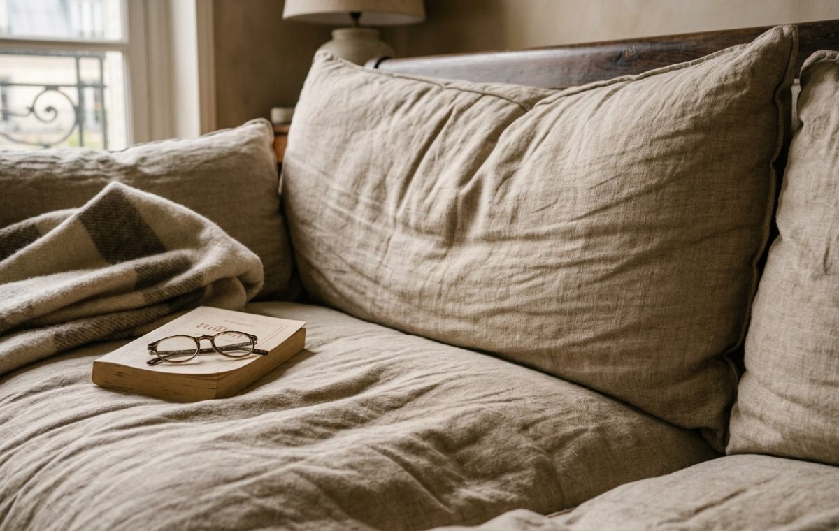 Neutral living room styling featuring a linen sofa, open book, spectacles, and a cozy throw blanket.
