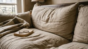 Neutral living room styling featuring a linen sofa, open book, spectacles, and a cozy throw blanket.