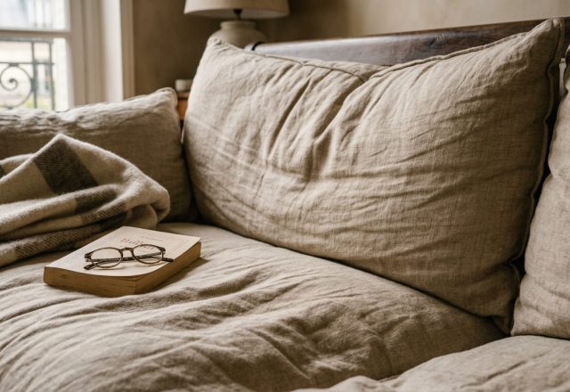 Neutral living room styling featuring a linen sofa, open book, spectacles, and a cozy throw blanket.