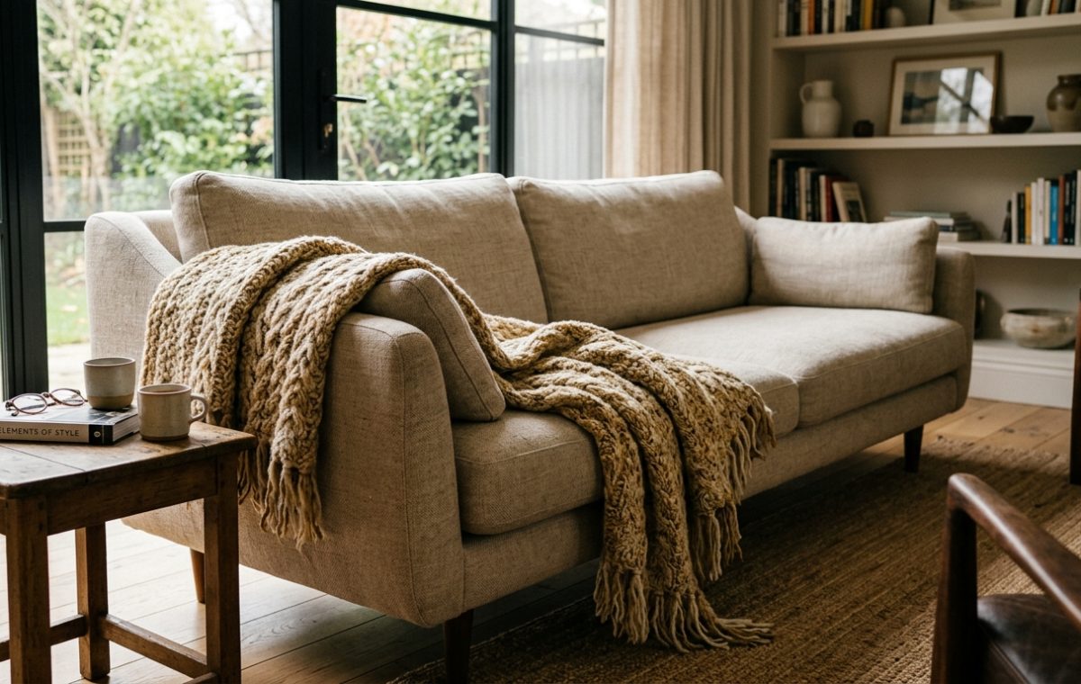 Cozy neutral living room styling featuring a beige sofa with a textured knit throw blanket and wooden side table.