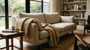 Cozy neutral living room styling featuring a beige sofa with a textured knit throw blanket and wooden side table.