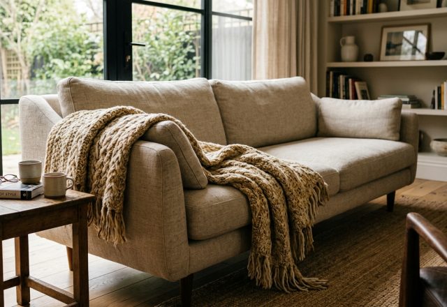 Cozy neutral living room styling featuring a beige sofa with a textured knit throw blanket and wooden side table.