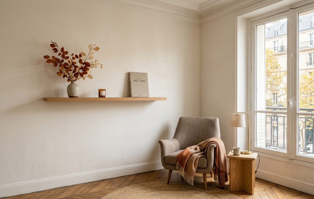 Minimalist neutral living room styling featuring a floating wooden shelf, armchair, and natural light