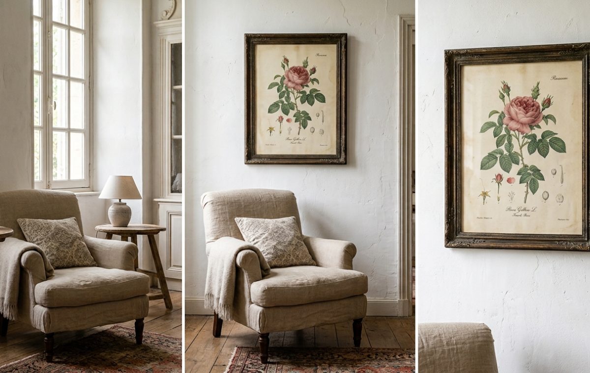 Neutral living room styling featuring a linen armchair, aged wood side table, and botanical wall art.