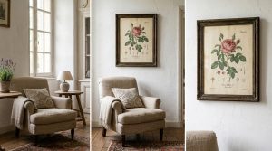 Neutral living room styling featuring a linen armchair, aged wood side table, and botanical wall art.
