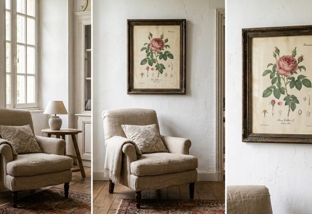 Neutral living room styling featuring a linen armchair, aged wood side table, and botanical wall art.