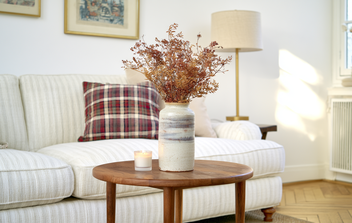 Neutral living room styling featuring a striped sofa, plaid pillow, wooden coffee table, and ceramic vase with dried stems.