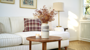 Neutral living room styling featuring a striped sofa, plaid pillow, wooden coffee table, and ceramic vase with dried stems.