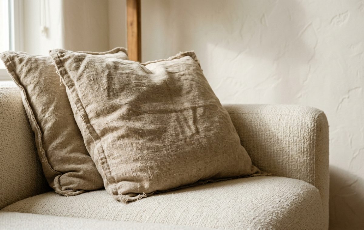Neutral living room throw pillows in coarse linen resting on a textured cream sofa with warm white plaster walls.