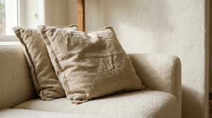 Neutral living room throw pillows in coarse linen resting on a textured cream sofa with warm white plaster walls.