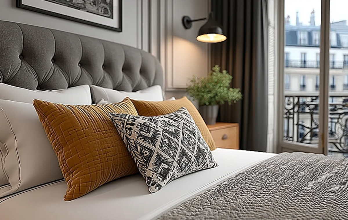 Neutral master bedroom design featuring a gray tufted headboard, mustard yellow pillows, and a french balcony window.