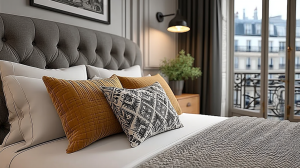 Neutral master bedroom design featuring a gray tufted headboard, mustard yellow pillows, and a french balcony window.