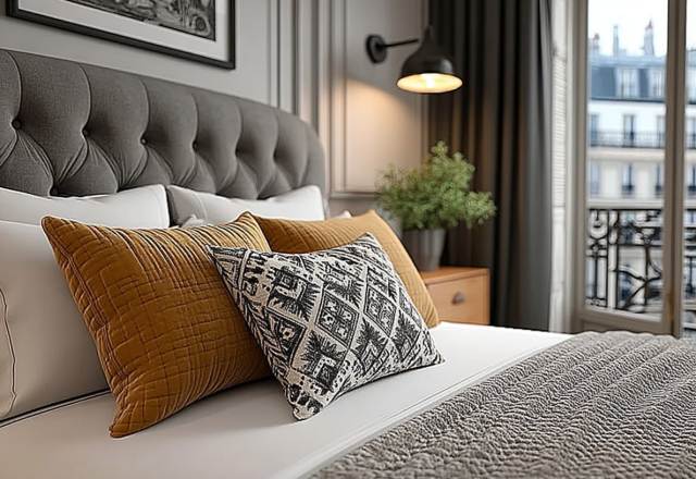 Neutral master bedroom design featuring a gray tufted headboard, mustard yellow pillows, and a french balcony window.