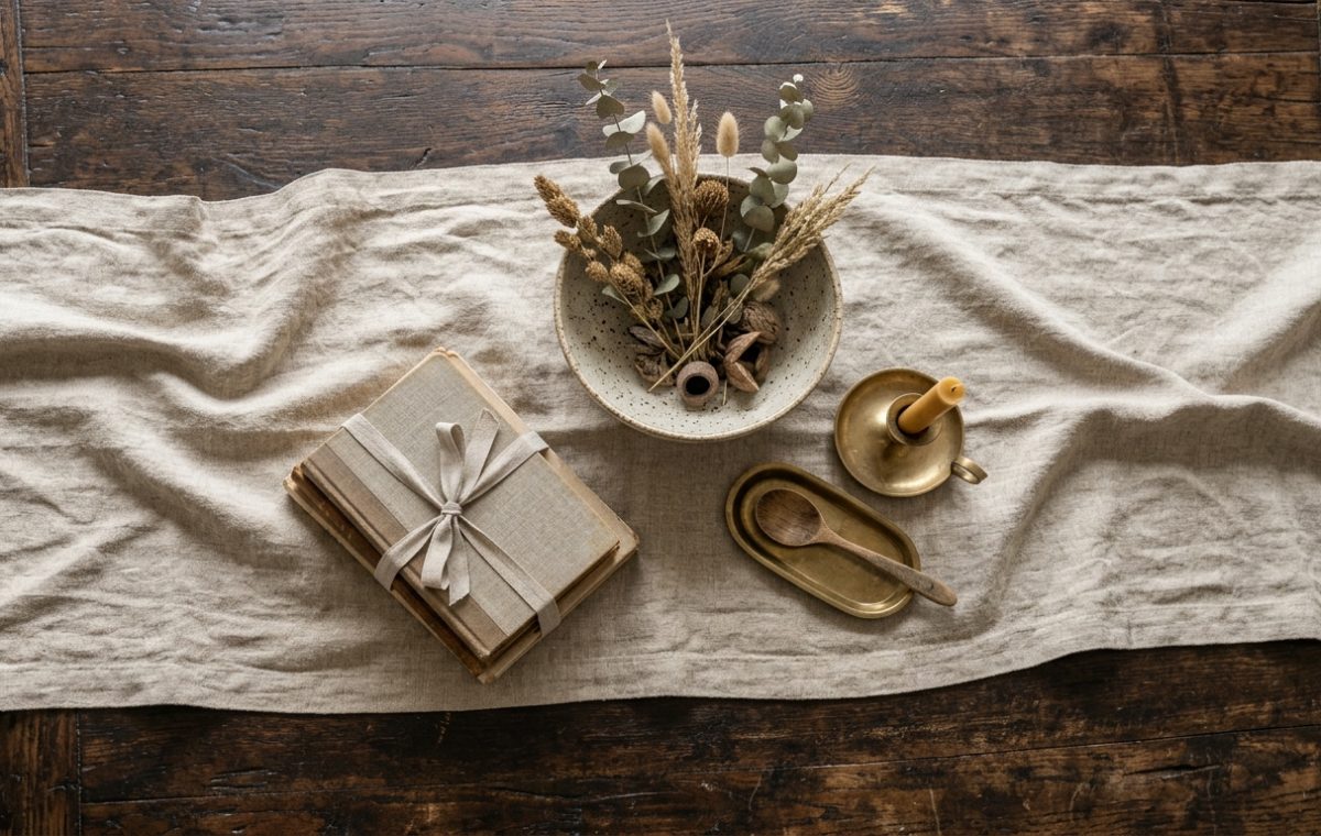 Neutral table runner styled with a ceramic bowl of dried botanicals, bound books, and brass accents on a dark wood table