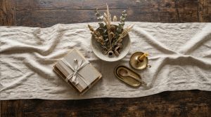 Neutral table runner styled with a ceramic bowl of dried botanicals, bound books, and brass accents on a dark wood table