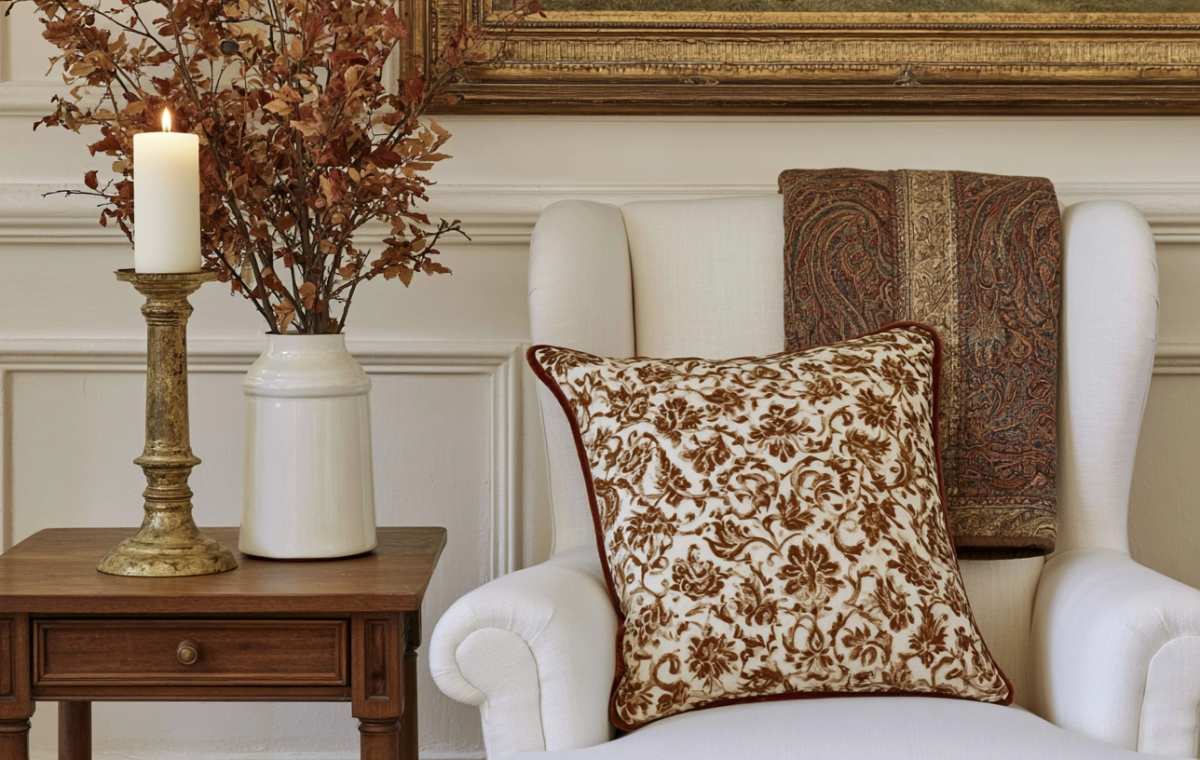 Neutral wingback chair styling with a floral pillow, paisley throw, and a wooden side table with a candle and dried branches.