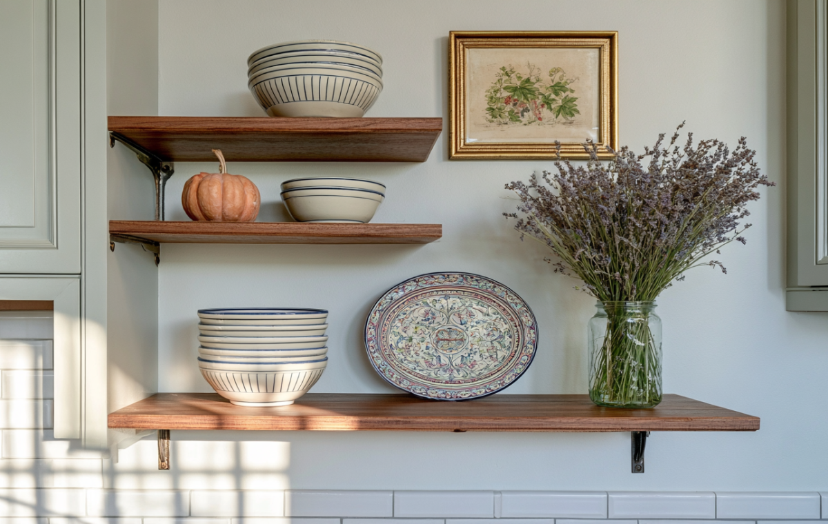 Open kitchen shelving styled with ceramic bowls, framed art, and a jar of dried lavender.